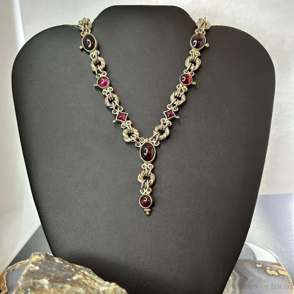 Signed Andes Miner Silver Garnet 20" Toggle Clasp Necklace For Women